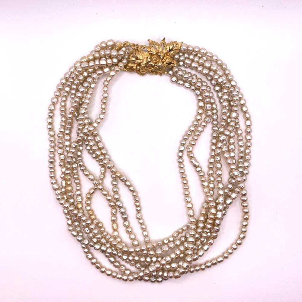 Vintage Freshwater Pearl Torsade Necklace Textured Decorative Gold Tone Clasp - Picture 7 of 14